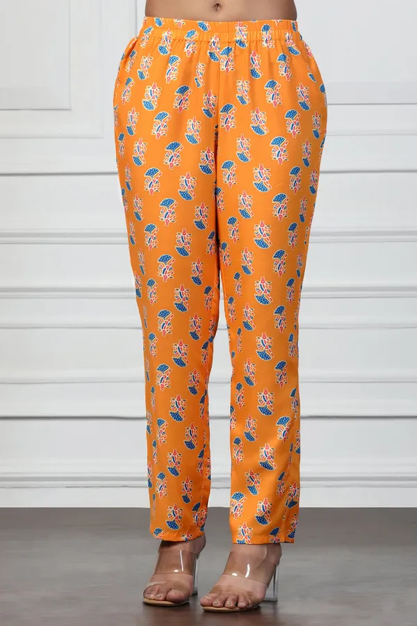 Orange_Rayon_Slub_Floral_Printed_Calf_Length_Kurta_With_Trouser_Set_For_Women