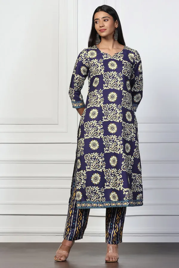 Blue_Rayon_Slub_Floral_Printed_Calf_Length_Kurta_With_Trouser_Set_For_Women