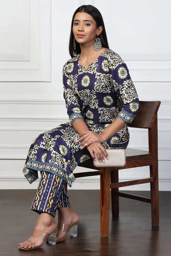 Blue_Rayon_Slub_Floral_Printed_Calf_Length_Kurta_With_Trouser_Set_For_Women