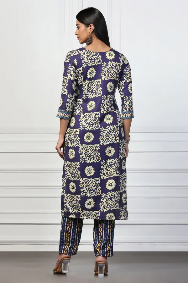 Blue_Rayon_Slub_Floral_Printed_Calf_Length_Kurta_With_Trouser_Set_For_Women