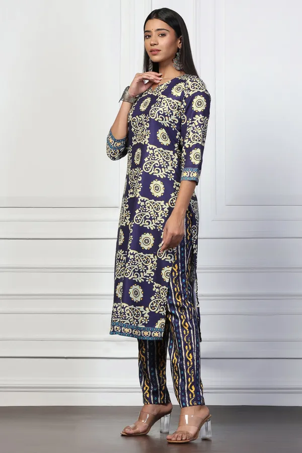Blue_Rayon_Slub_Floral_Printed_Calf_Length_Kurta_With_Trouser_Set_For_Women