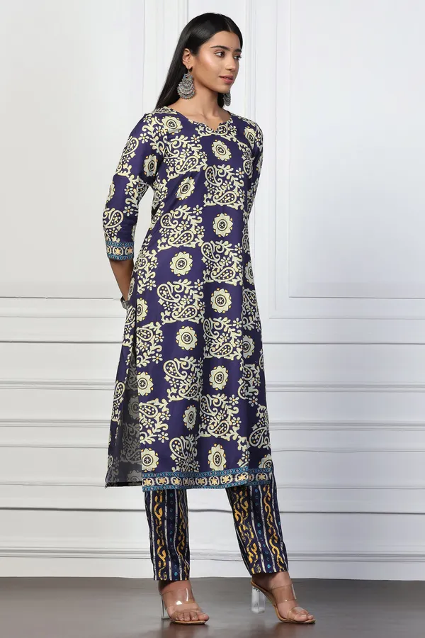 Blue_Rayon_Slub_Floral_Printed_Calf_Length_Kurta_With_Trouser_Set_For_Women