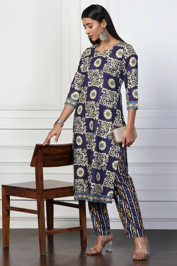 Blue_Rayon_Slub_Floral_Printed_Calf_Length_Kurta_With_Trouser_Set_For_Women