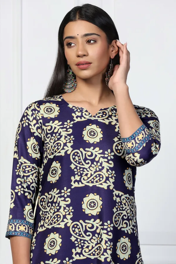 Blue_Rayon_Slub_Floral_Printed_Calf_Length_Kurta_With_Trouser_Set_For_Women