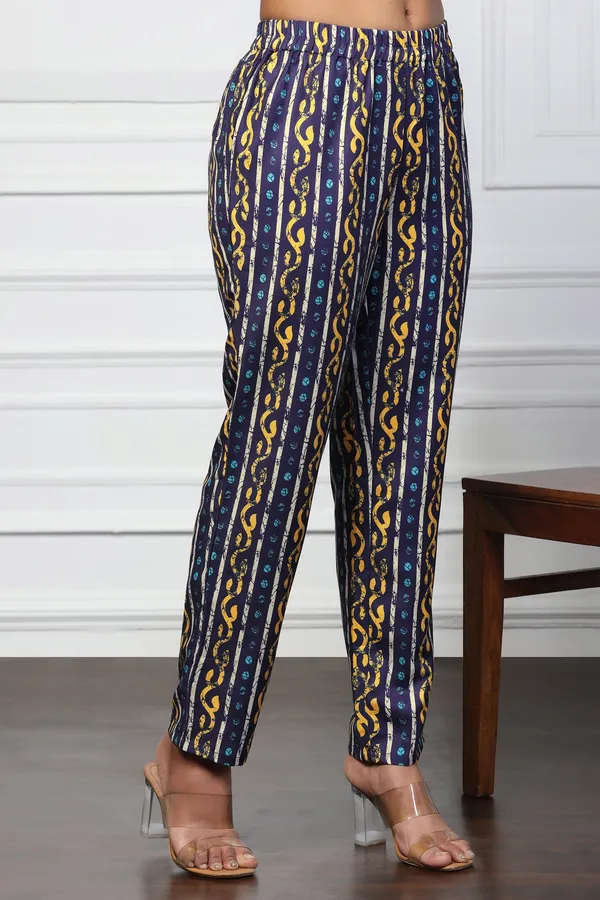 Blue_Rayon_Slub_Floral_Printed_Calf_Length_Kurta_With_Trouser_Set_For_Women