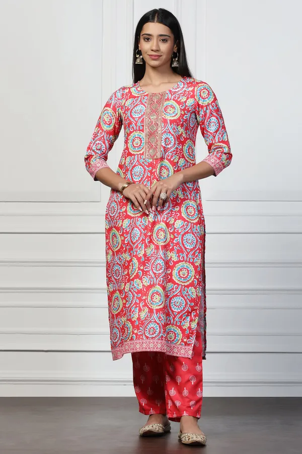 Red_Rayon_Slub_Floral_Printed_Calf_Length_Kurta_With_Trouser_Set_For_Women