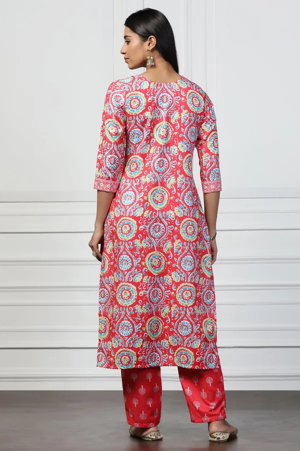 Red_Rayon_Slub_Floral_Printed_Calf_Length_Kurta_With_Trouser_Set_For_Women