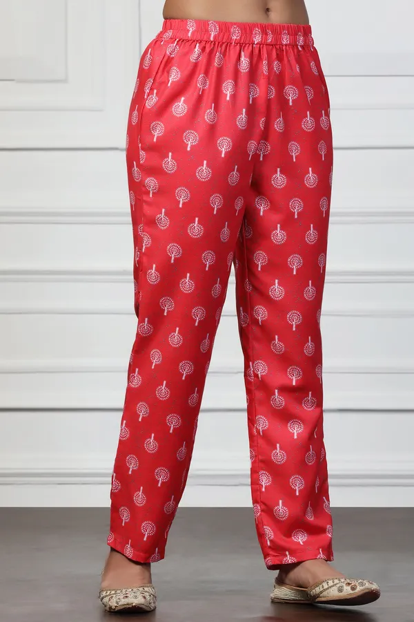 Red_Rayon_Slub_Floral_Printed_Calf_Length_Kurta_With_Trouser_Set_For_Women