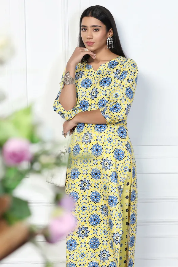 Yellow_Rayon_Slub_Floral_Printed_Calf_Length_Kurta_With_Trouser_Set_For_Women