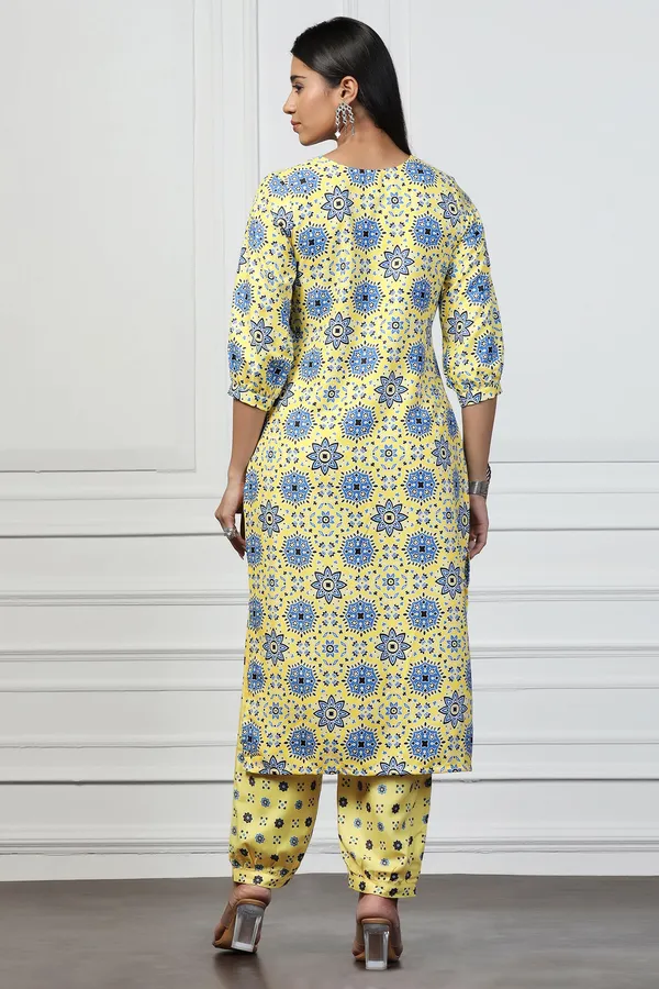 Yellow_Rayon_Slub_Floral_Printed_Calf_Length_Kurta_With_Trouser_Set_For_Women