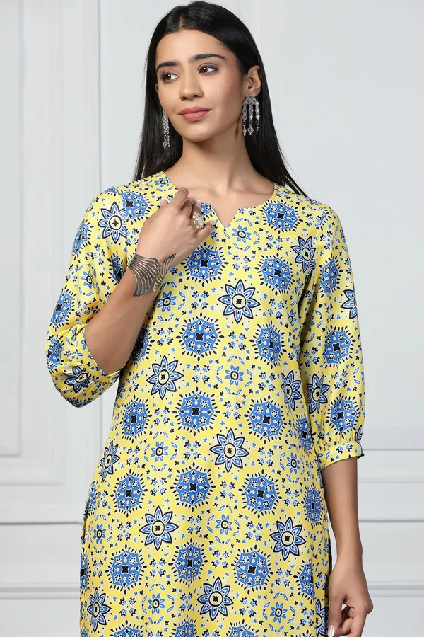 Yellow_Rayon_Slub_Floral_Printed_Calf_Length_Kurta_With_Trouser_Set_For_Women