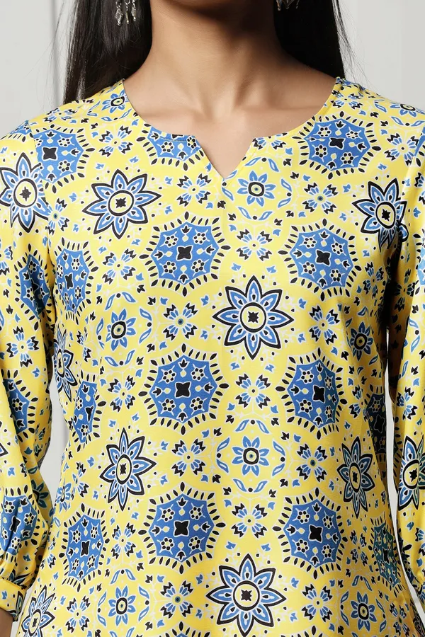 Yellow_Rayon_Slub_Floral_Printed_Calf_Length_Kurta_With_Trouser_Set_For_Women