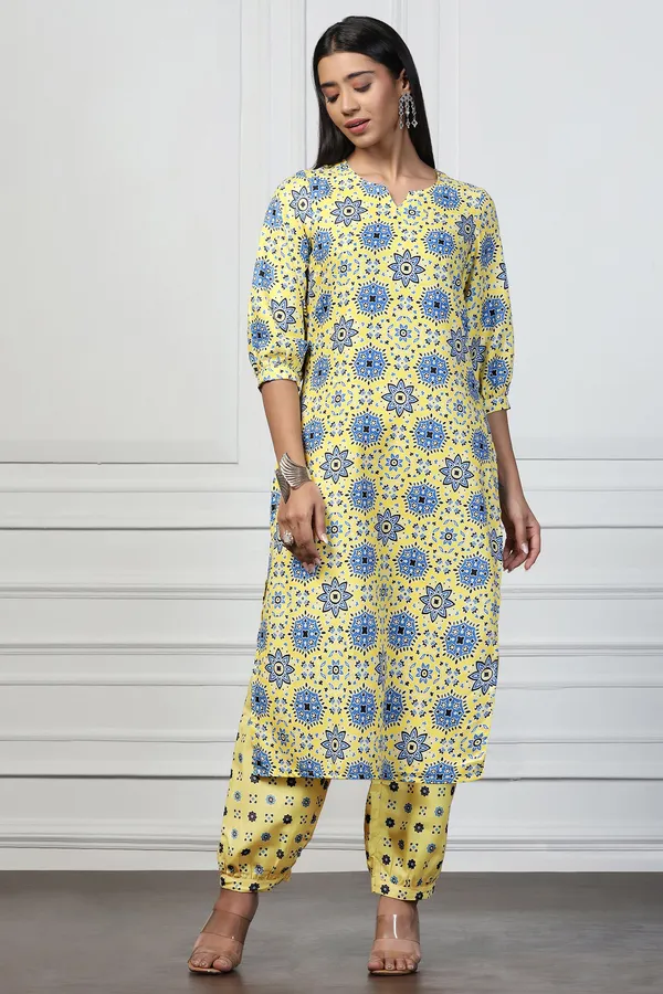 Yellow_Rayon_Slub_Floral_Printed_Calf_Length_Kurta_With_Trouser_Set_For_Women