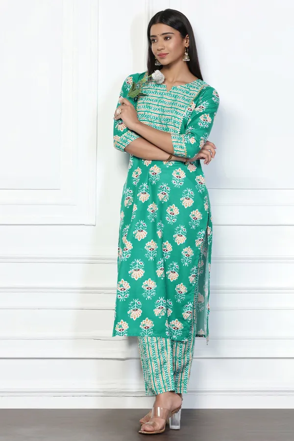 Sea_Green_Rayon_Slub_Floral_Printed_Calf_Length_Kurta_With_Salwar_Set_For_Women