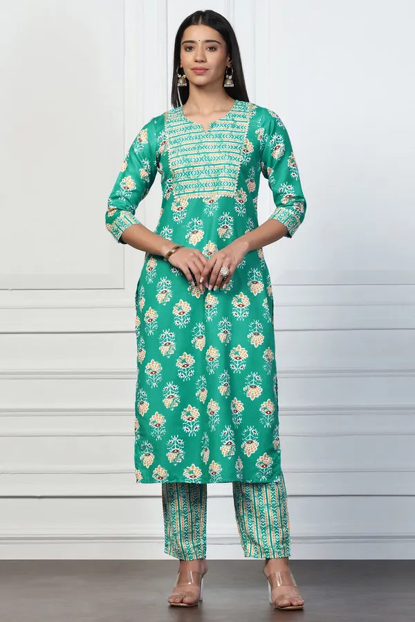 Sea_Green_Rayon_Slub_Floral_Printed_Calf_Length_Kurta_With_Salwar_Set_For_Women