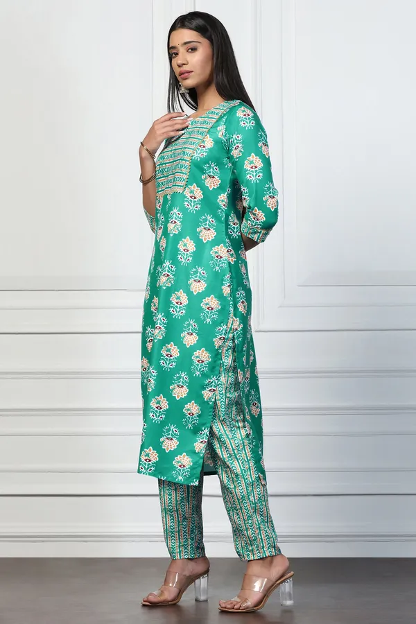 Sea_Green_Rayon_Slub_Floral_Printed_Calf_Length_Kurta_With_Salwar_Set_For_Women