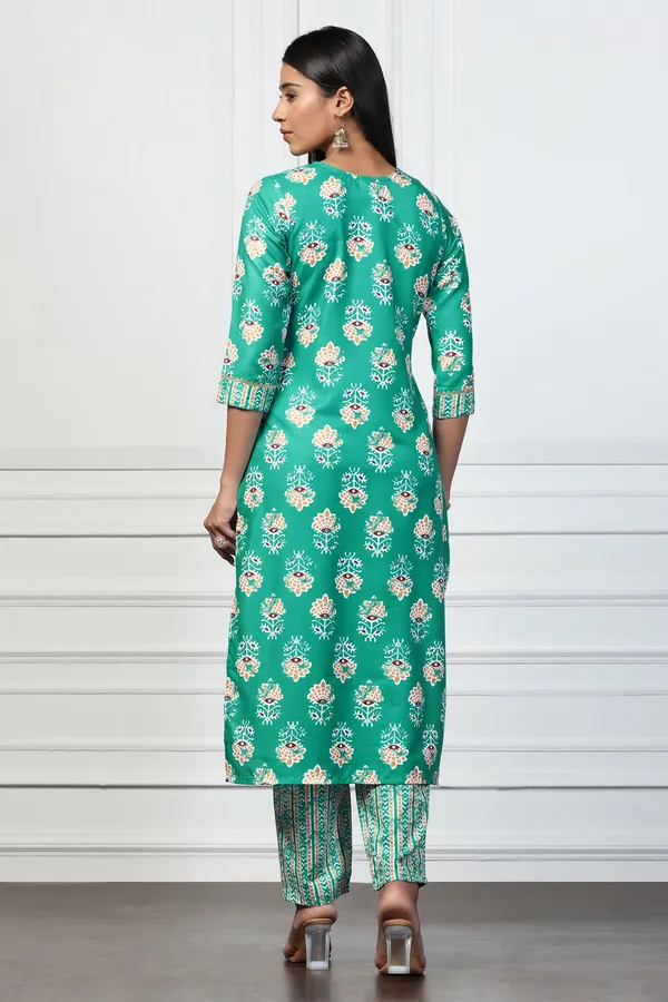 Sea_Green_Rayon_Slub_Floral_Printed_Calf_Length_Kurta_With_Salwar_Set_For_Women