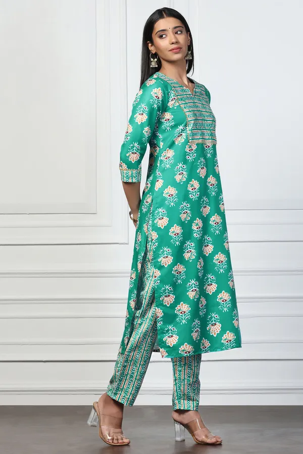 Sea_Green_Rayon_Slub_Floral_Printed_Calf_Length_Kurta_With_Salwar_Set_For_Women