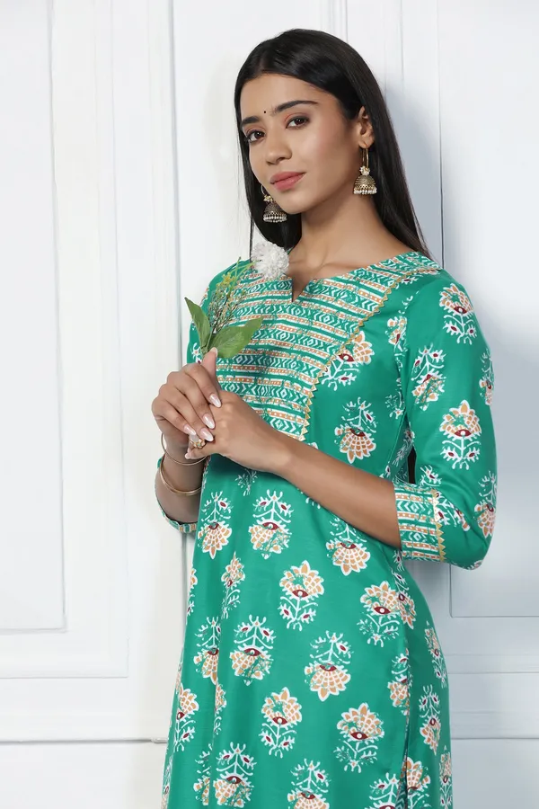 Sea_Green_Rayon_Slub_Floral_Printed_Calf_Length_Kurta_With_Salwar_Set_For_Women