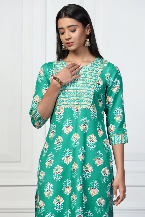 Sea_Green_Rayon_Slub_Floral_Printed_Calf_Length_Kurta_With_Salwar_Set_For_Women
