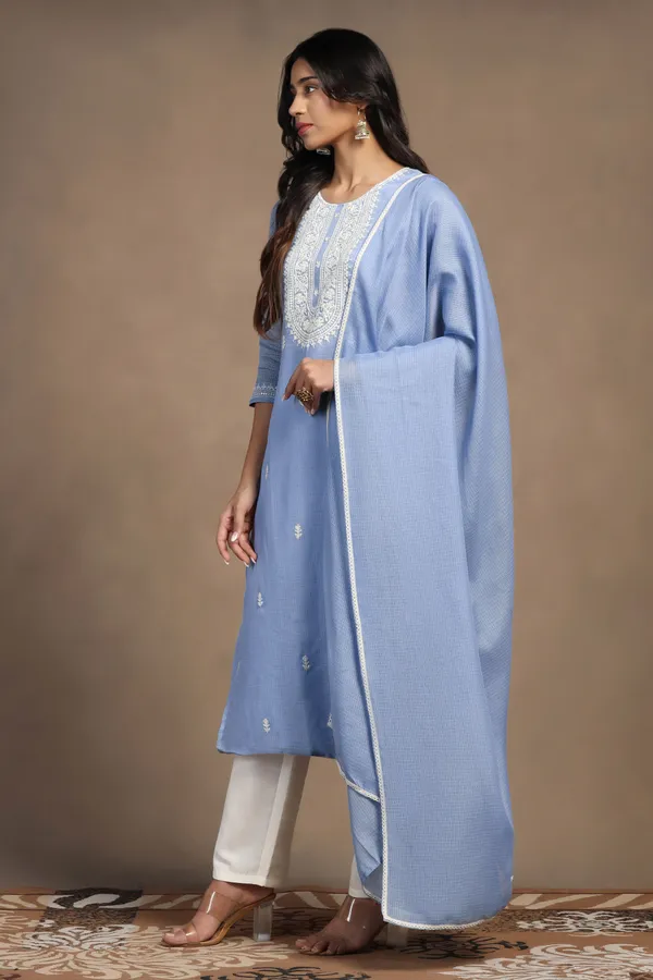 Lightblue_Kota_Doriya_Ankle_Length_Kurta_Pant_Suit_Set