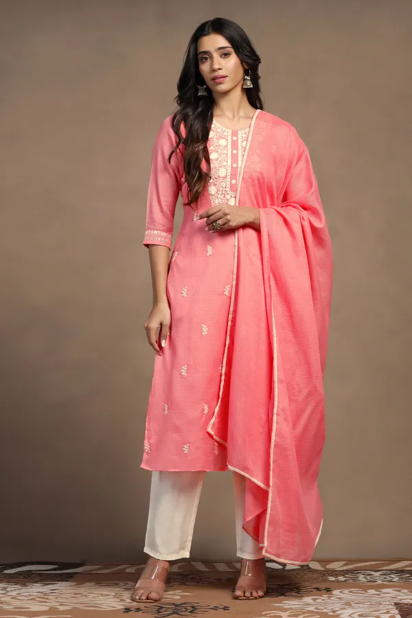 Powder_Pink_Kota_Doriya_Ankle_Length_Kurta_Pant_Suit_Set