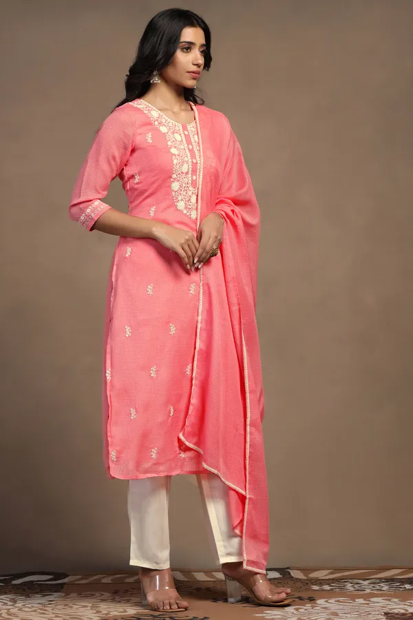 Powder_Pink_Kota_Doriya_Ankle_Length_Kurta_Pant_Suit_Set