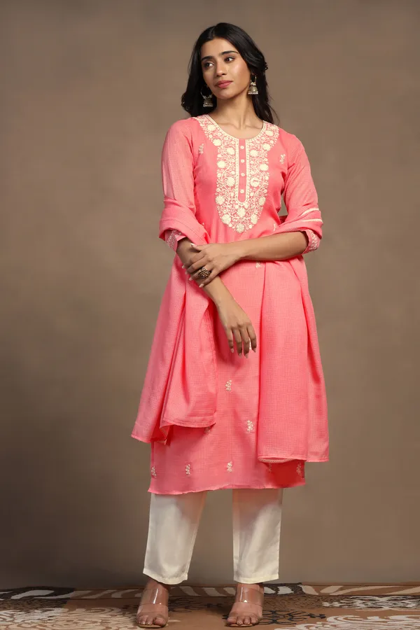 Powder_Pink_Kota_Doriya_Ankle_Length_Kurta_Pant_Suit_Set