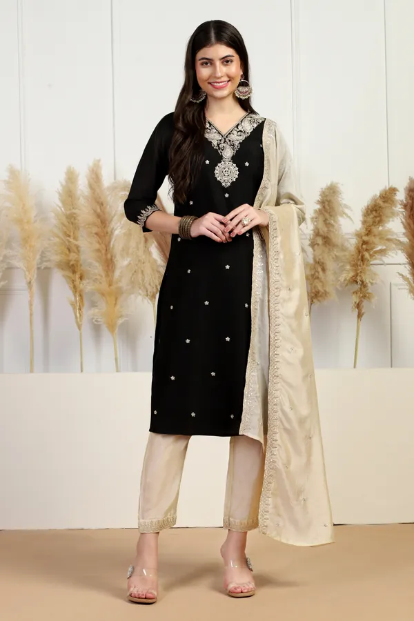 Black_Silk_Blend_Ankle_Length_Kurta_Pant_Suit_Set