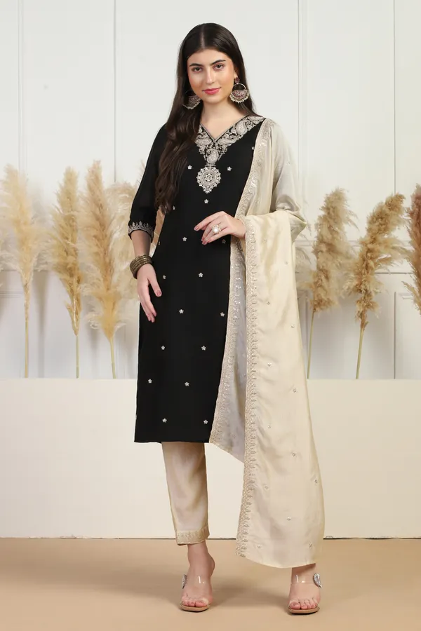 Black_Silk_Blend_Ankle_Length_Kurta_Pant_Suit_Set