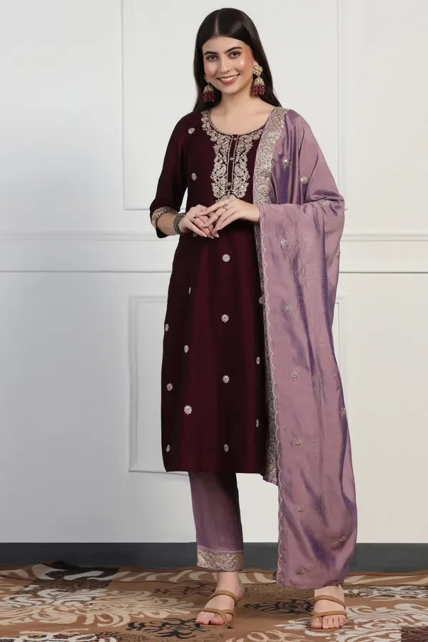 Violet_Silk_Blend_Ankle_Length_Kurta_Pant_Suit_Set