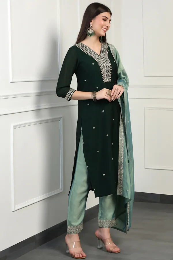Green_Silk_Blend_Ankle_Length_Kurta_Pant_Suit_Set