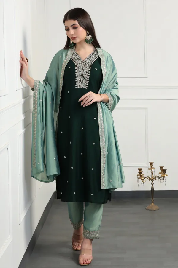 Green_Silk_Blend_Ankle_Length_Kurta_Pant_Suit_Set