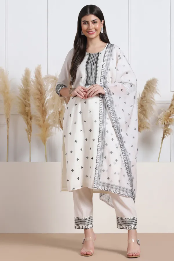 White_Silk_Blend_Ankle_Length_Kurta_Pant_Suit_Set