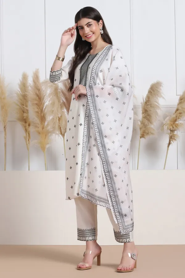 White_Silk_Blend_Ankle_Length_Kurta_Pant_Suit_Set