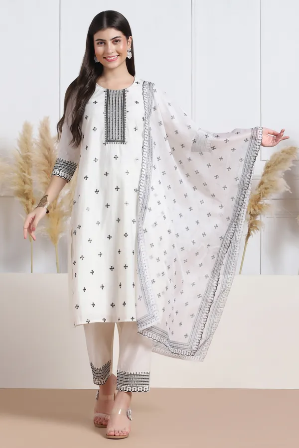 White_Silk_Blend_Ankle_Length_Kurta_Pant_Suit_Set