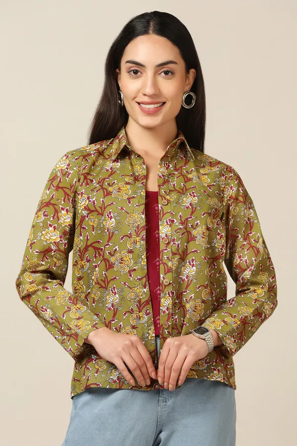Olive_Cotton_Floral_Print_Shirt_With_Spaghetti_Top_For_Women
