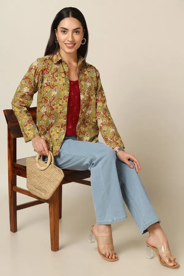 Olive_Cotton_Floral_Print_Shirt_With_Spaghetti_Top_For_Women