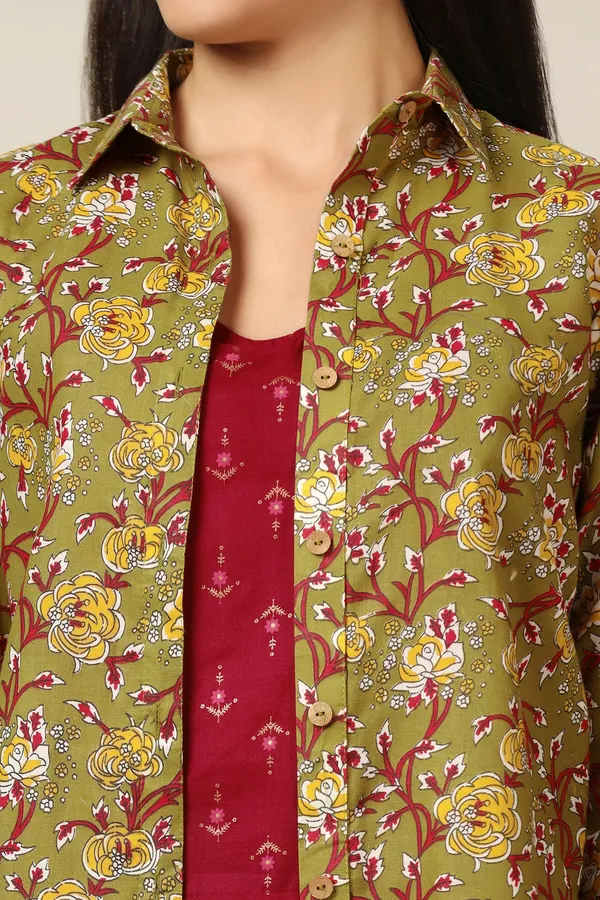 Olive_Cotton_Floral_Print_Shirt_With_Spaghetti_Top_For_Women