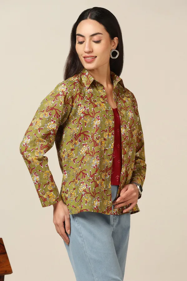 Olive_Cotton_Floral_Print_Shirt_With_Spaghetti_Top_For_Women