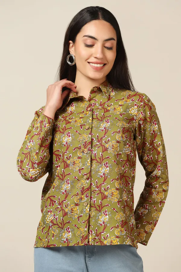 Olive_Cotton_Floral_Print_Shirt_With_Spaghetti_Top_For_Women