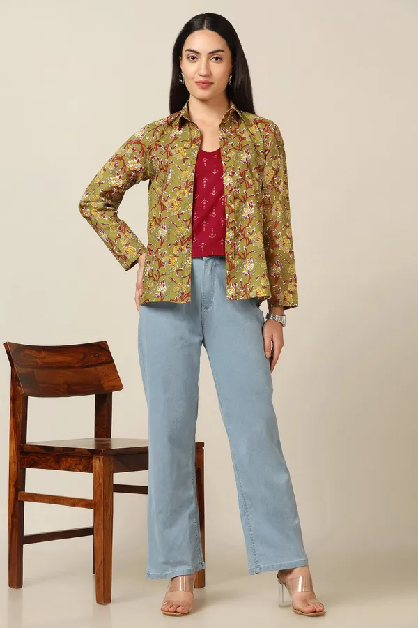 Olive_Cotton_Floral_Print_Shirt_With_Spaghetti_Top_For_Women