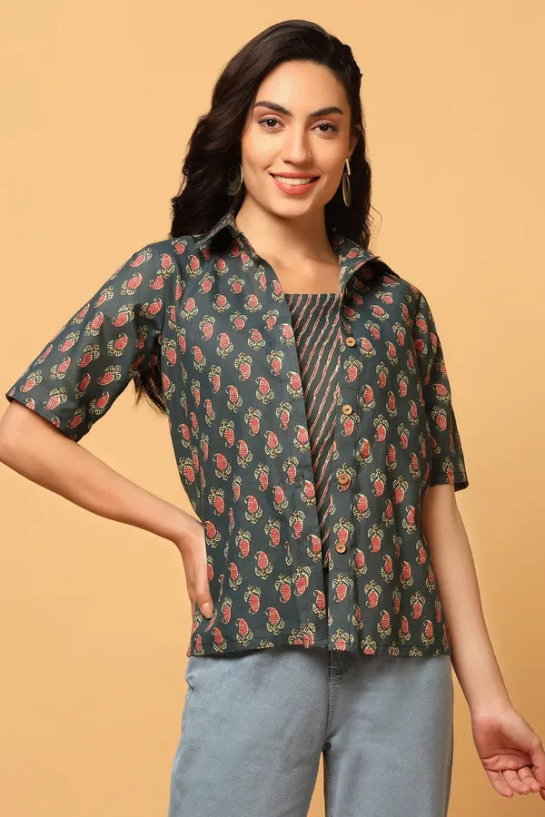 Green_Cotton_Paisley_Print_Shirt_With_Spaghetti_Top_For_Women
