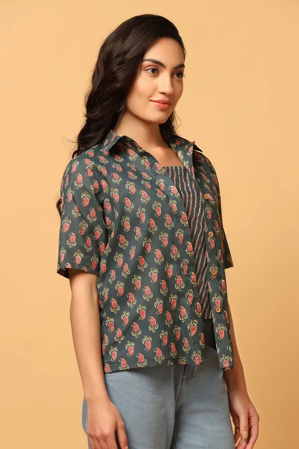 Green_Cotton_Paisley_Print_Shirt_With_Spaghetti_Top_For_Women