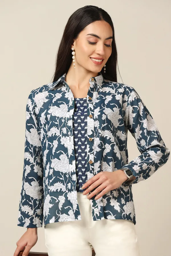 Blue_Cotton_Floral_Printed_Shirt_With_Spaghetti_Top_For_Women