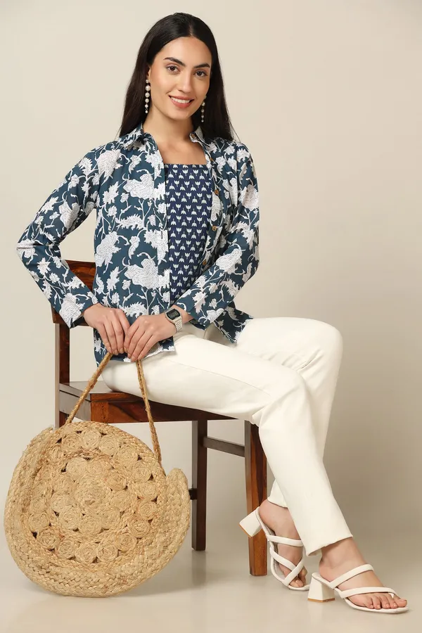 Blue_Cotton_Floral_Printed_Shirt_With_Spaghetti_Top_For_Women