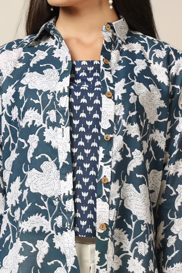 Blue_Cotton_Floral_Printed_Shirt_With_Spaghetti_Top_For_Women