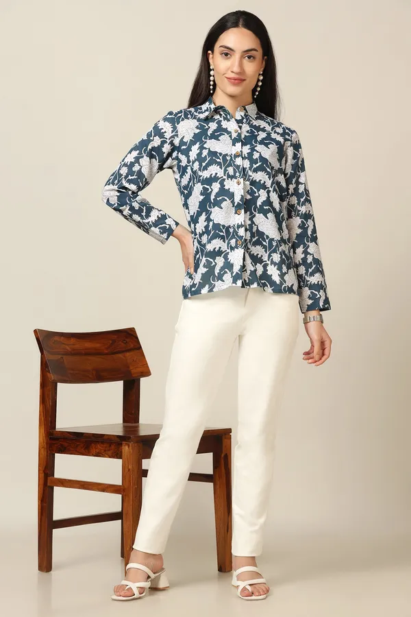 Blue_Cotton_Floral_Printed_Shirt_With_Spaghetti_Top_For_Women