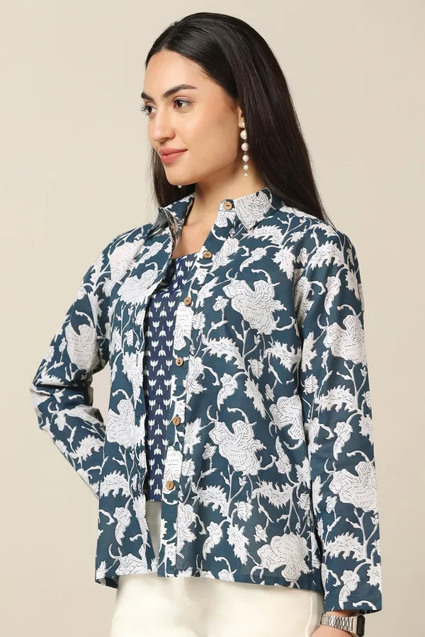 Blue_Cotton_Floral_Printed_Shirt_With_Spaghetti_Top_For_Women