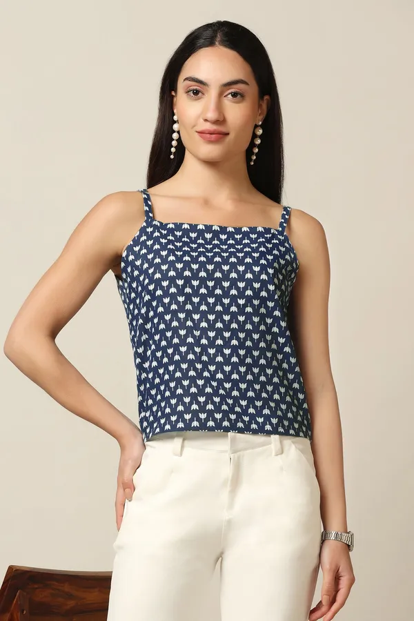 Blue_Cotton_Floral_Printed_Shirt_With_Spaghetti_Top_For_Women